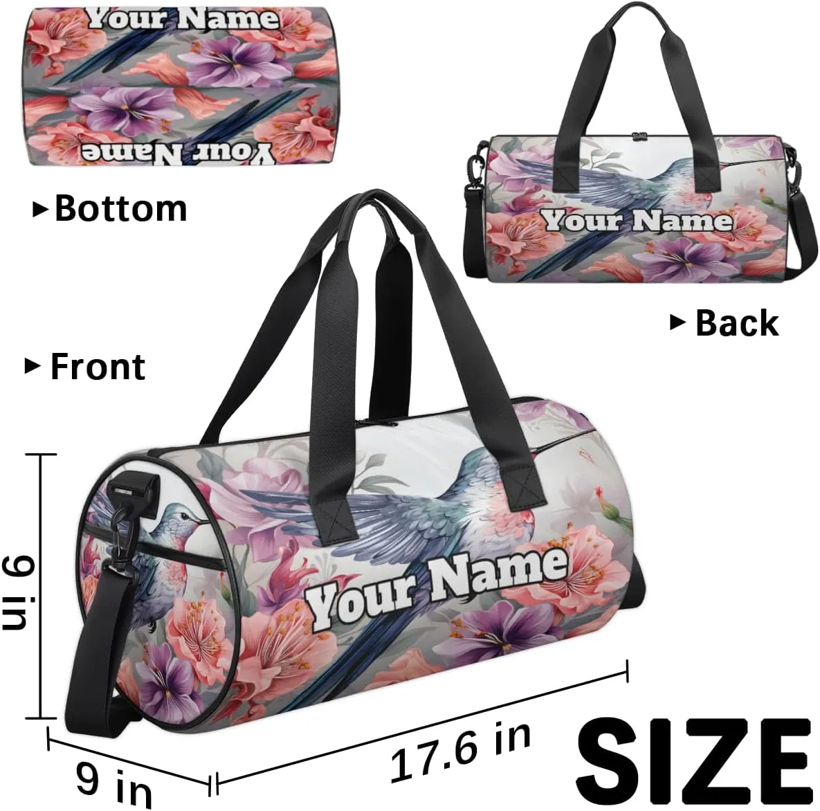 Personalized Hummingbird Sport Gym Bag, Custom Name Duffel Bags for Men, Waterproof Custom Sport Duffel Bag, Gymnastics Dance, Rural Flowers Bird