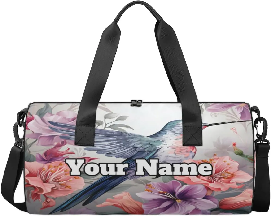 Personalized Hummingbird Sport Gym Bag, Custom Name Duffel Bags for Men, Waterproof Custom Sport Duffel Bag, Gymnastics Dance, Rural Flowers Bird