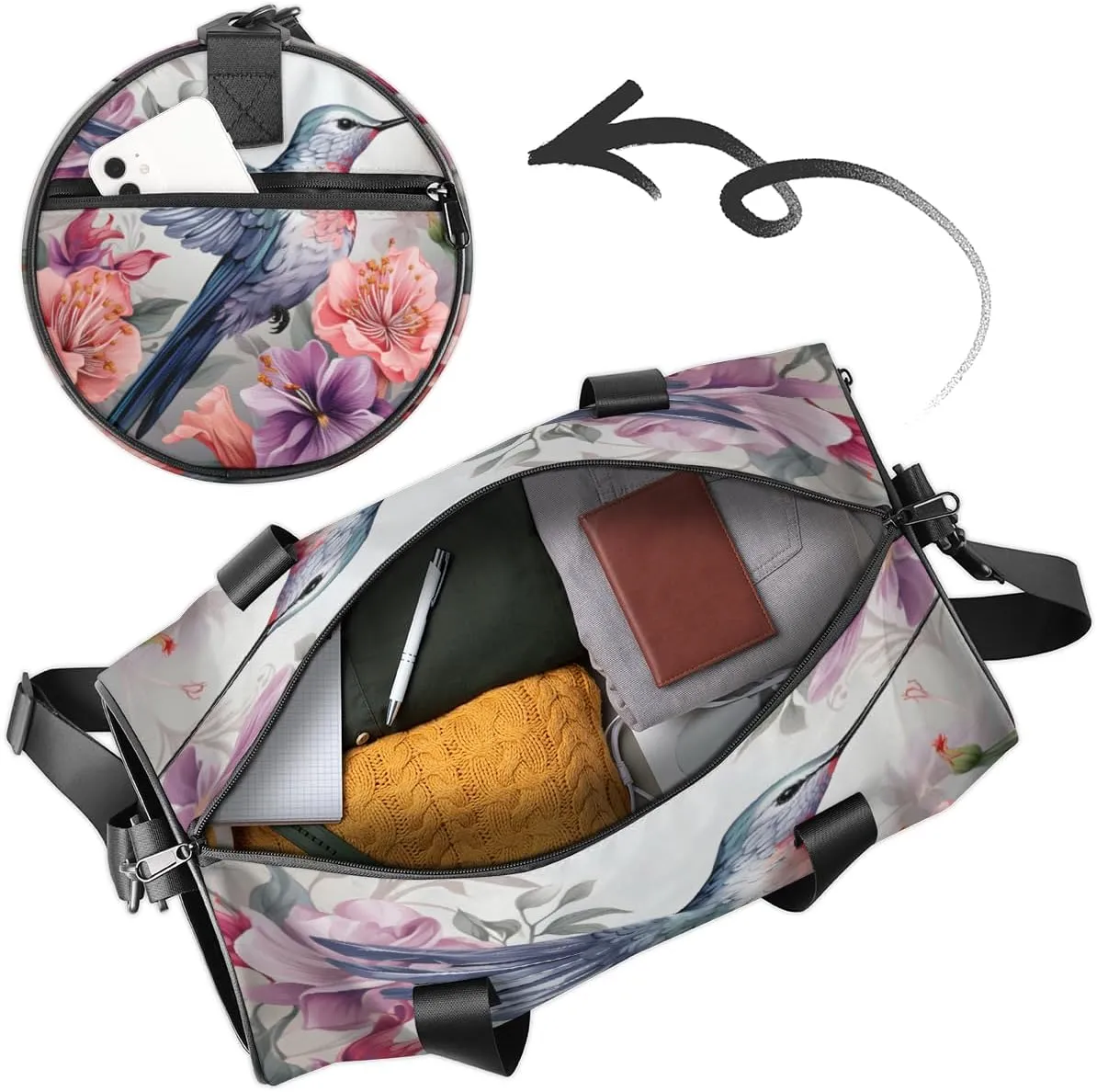 Personalized Hummingbird Sport Gym Bag, Custom Name Duffel Bags for Men, Waterproof Custom Sport Duffel Bag, Gymnastics Dance, Rural Flowers Bird