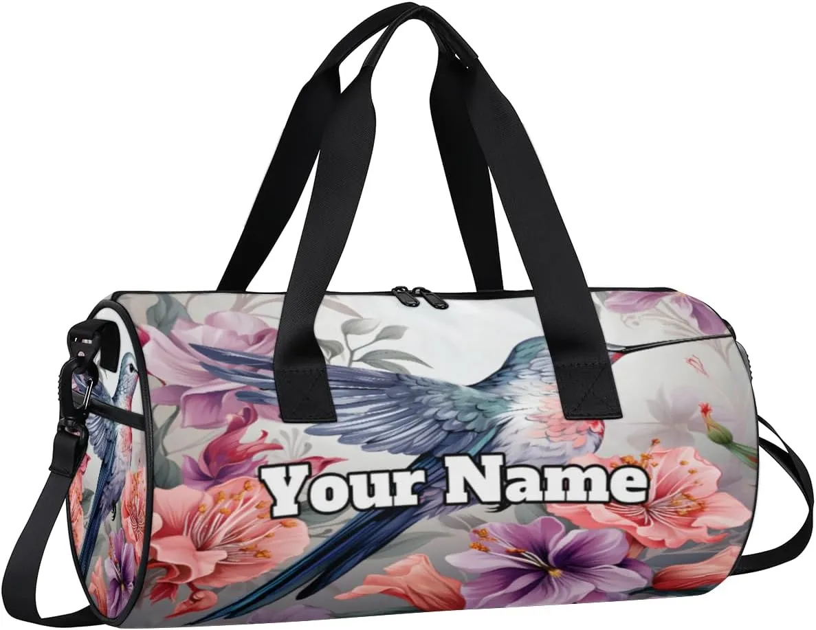 Personalized Hummingbird Sport Gym Bag, Custom Name Duffel Bags for Men, Waterproof Custom Sport Duffel Bag, Gymnastics Dance, Rural Flowers Bird