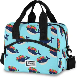 Personalized Insulated Lunch Bag Cooler Tote Bag Box Large for Women Men Whales Flower Garlands Name Customized School Work Portable Adjustable Shoulder Strap Pocket