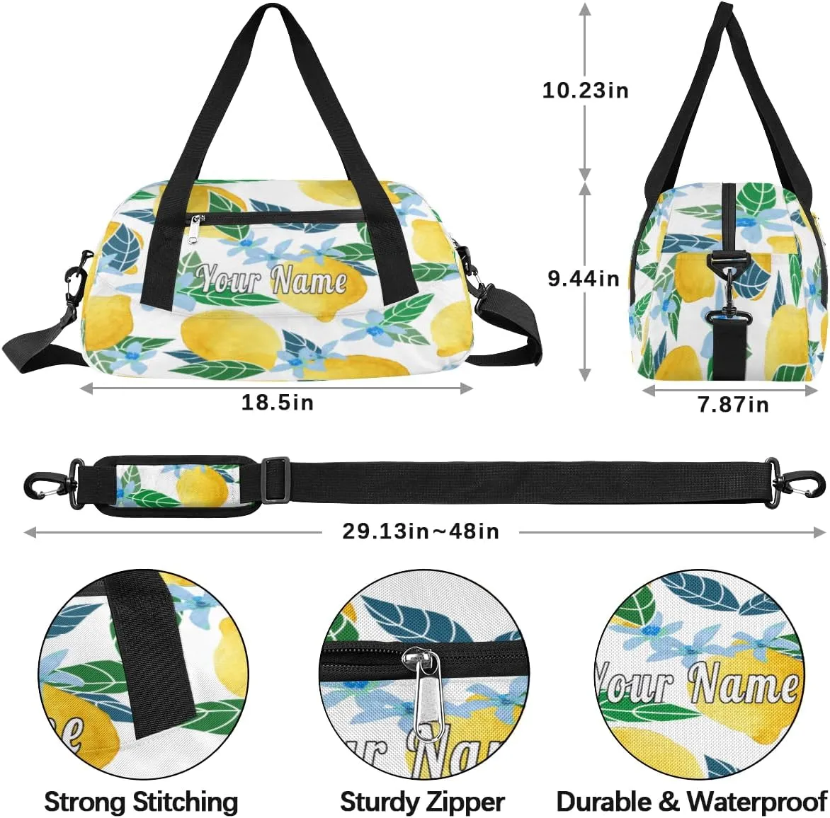 Personalized Kids Duffel Bag Fruit Lemon Lime Flower,Custom Sport Gym Bag for Boys Girls,WWeekender Overnight Bags Travel Duffel Bag,Customized Kids Gift