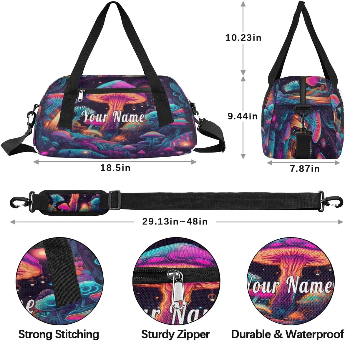 Personalized Kids Duffel Bag Mushroom,Custom Sport Gym Bag for Boys Girls,WWeekender Overnight Bags Travel Duffel Bag,Customized Kids Gift