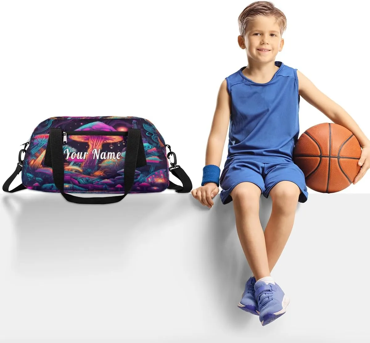 Personalized Kids Duffel Bag Mushroom,Custom Sport Gym Bag for Boys Girls,WWeekender Overnight Bags Travel Duffel Bag,Customized Kids Gift