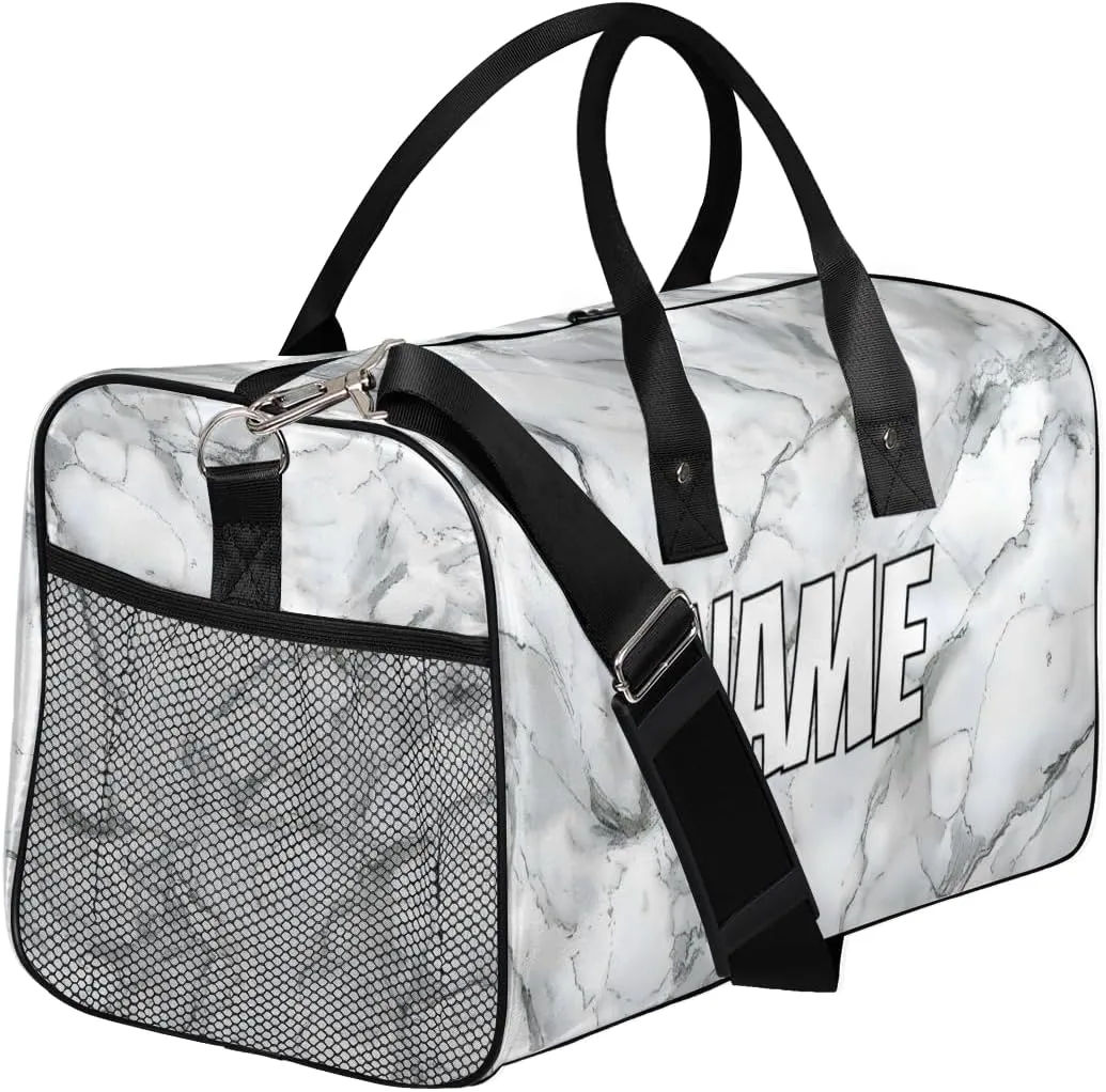 Personalized Marble Print Travel Duffel Bag with Name, Custom Gym Sport Bag Grey White Carry On Weekend Overnight Duffel Bag for Men Women