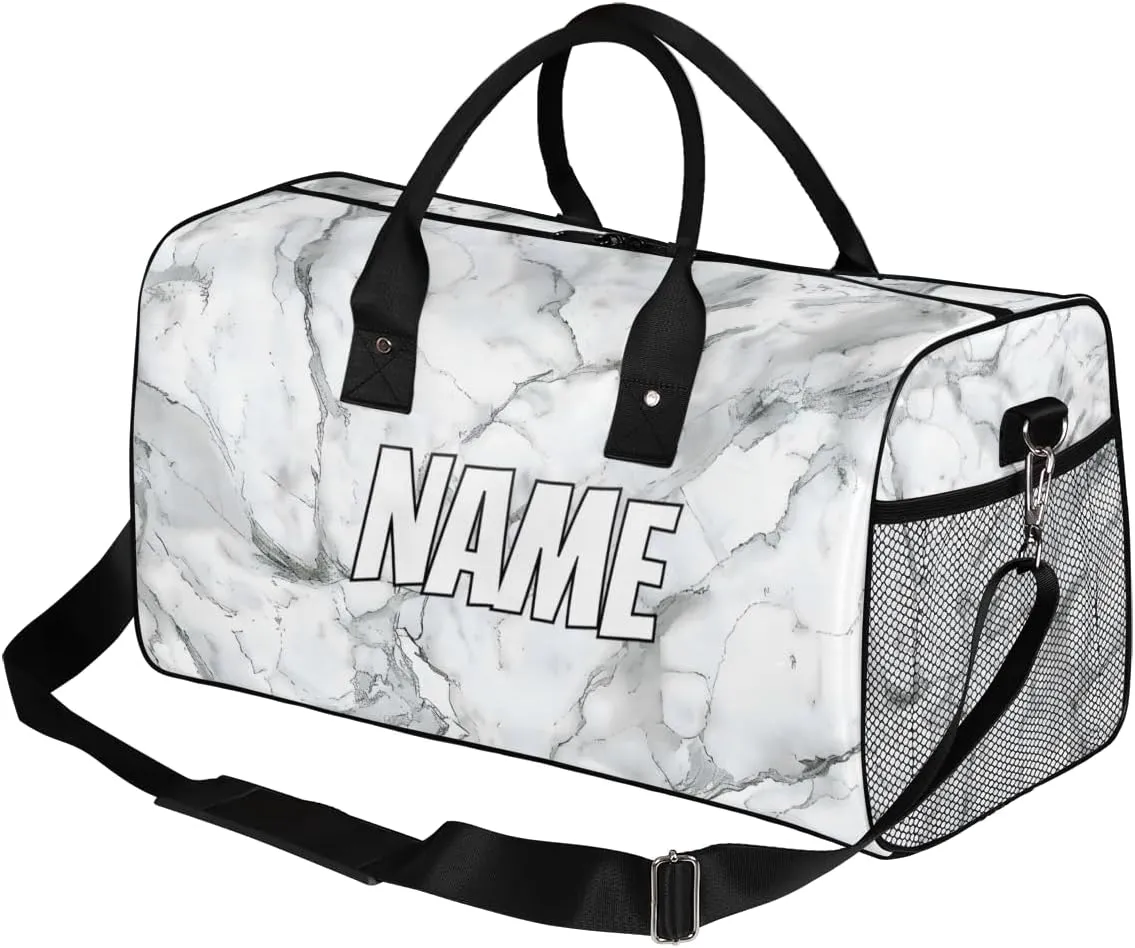 Personalized Marble Print Travel Duffel Bag with Name, Custom Gym Sport Bag Grey White Carry On Weekend Overnight Duffel Bag for Men Women