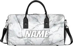 Personalized Marble Print Travel Duffel Bag with Name, Custom Gym Sport Bag Grey White Carry On Weekend Overnight Duffel Bag for Men Women