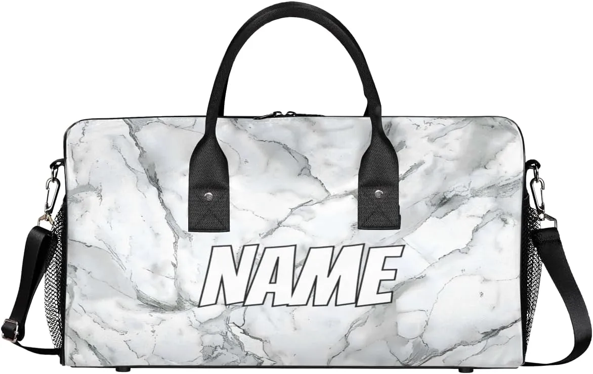 Personalized Marble Print Travel Duffel Bag with Name, Custom Gym Sport Bag Grey White Carry On Weekend Overnight Duffel Bag for Men Women