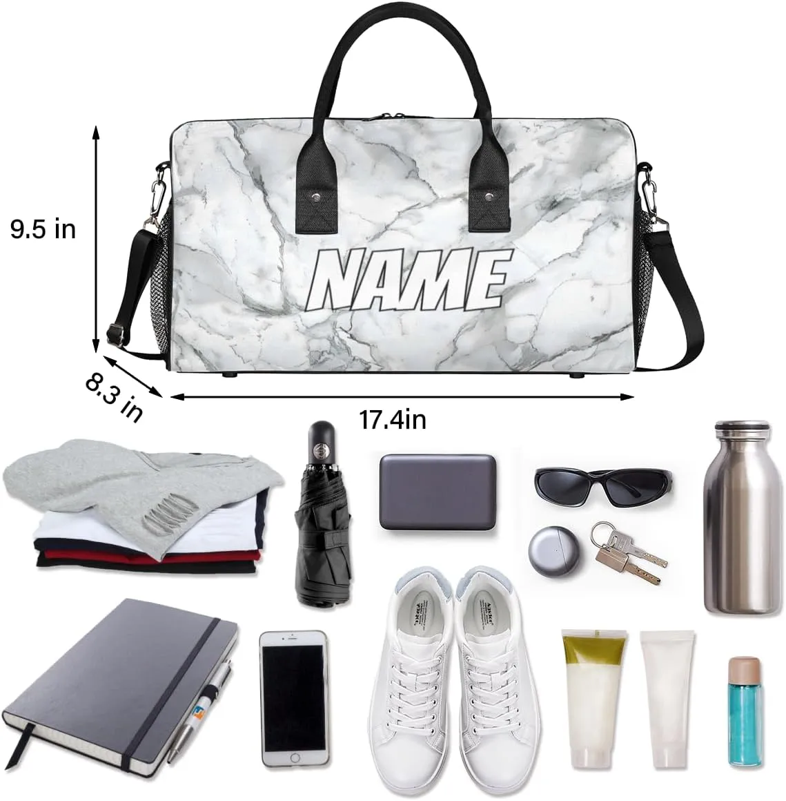 Personalized Marble Print Travel Duffel Bag with Name, Custom Gym Sport Bag Grey White Carry On Weekend Overnight Duffel Bag for Men Women