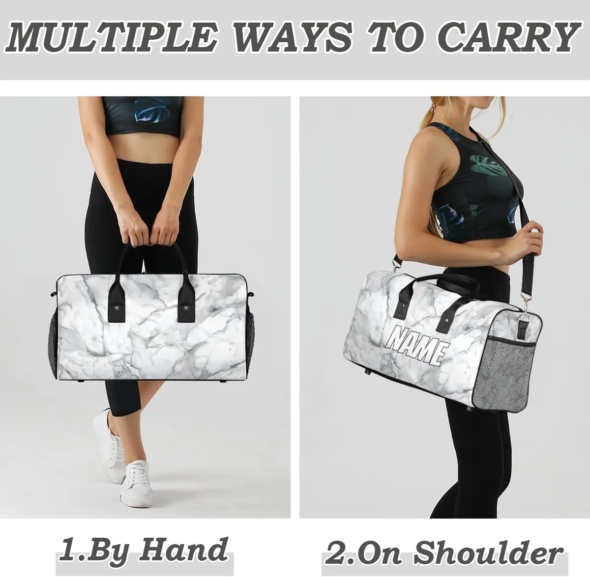 Personalized Marble Print Travel Duffel Bag with Name, Custom Gym Sport Bag Grey White Carry On Weekend Overnight Duffel Bag for Men Women