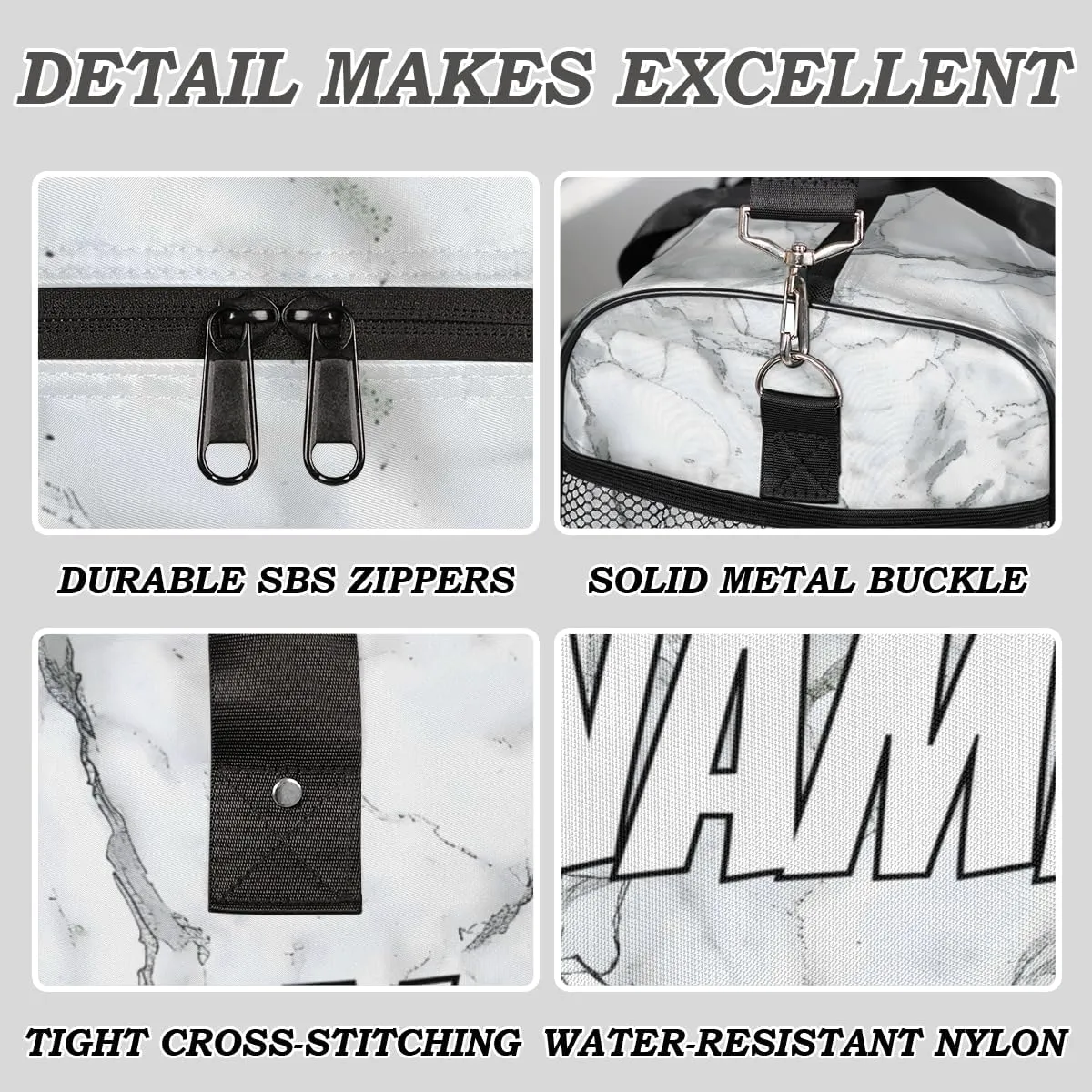 Personalized Marble Print Travel Duffel Bag with Name, Custom Gym Sport Bag Grey White Carry On Weekend Overnight Duffel Bag for Men Women