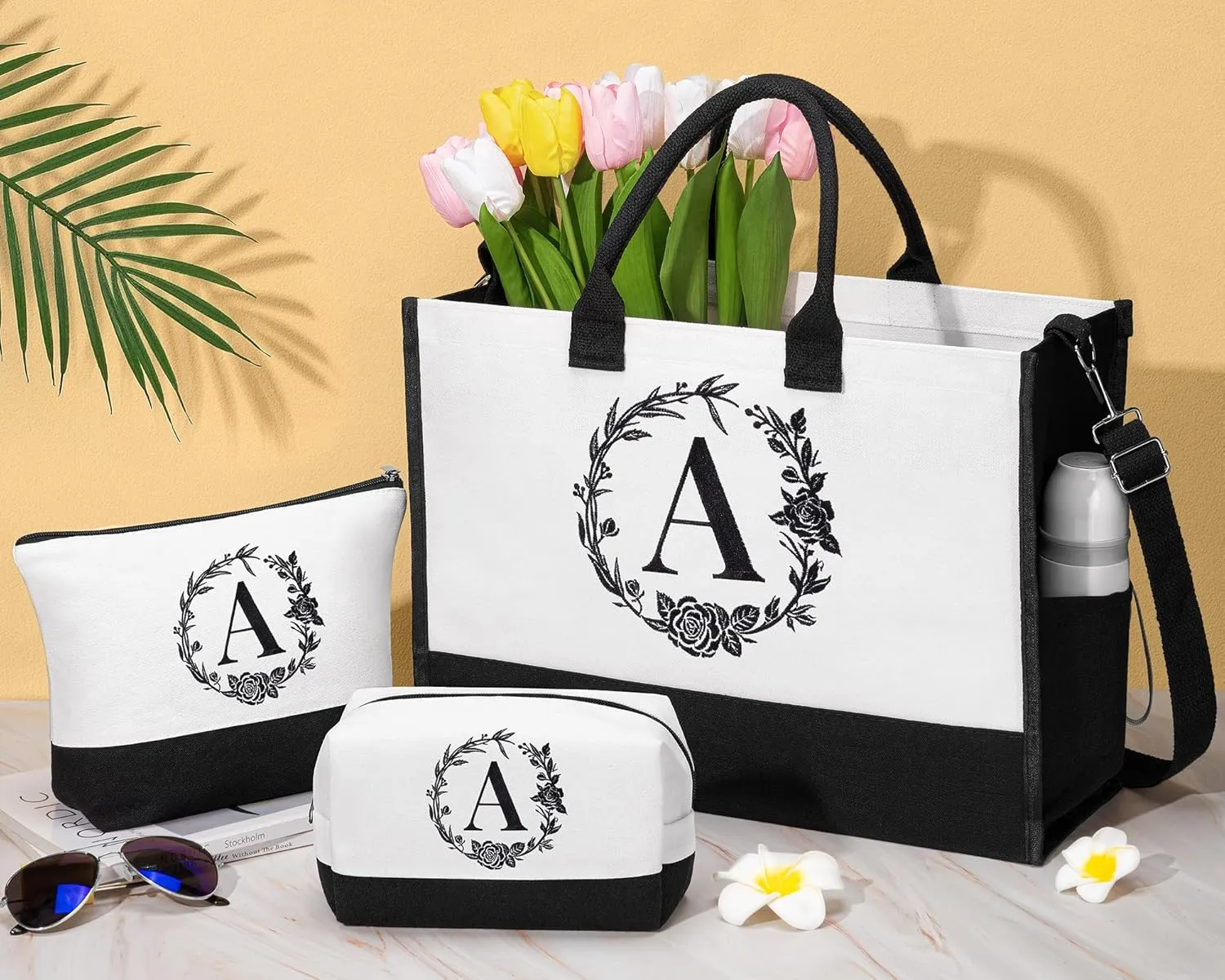 Personalized Mothers Day Gifts for Women, Initial Canvas Tote Bag & Makeup Bag Monogrammed Beach Tote Bag for Women w/Zipper, Birthday Gifts for Mom Mother Her Girlfriend Wife Sister Friend Daughter