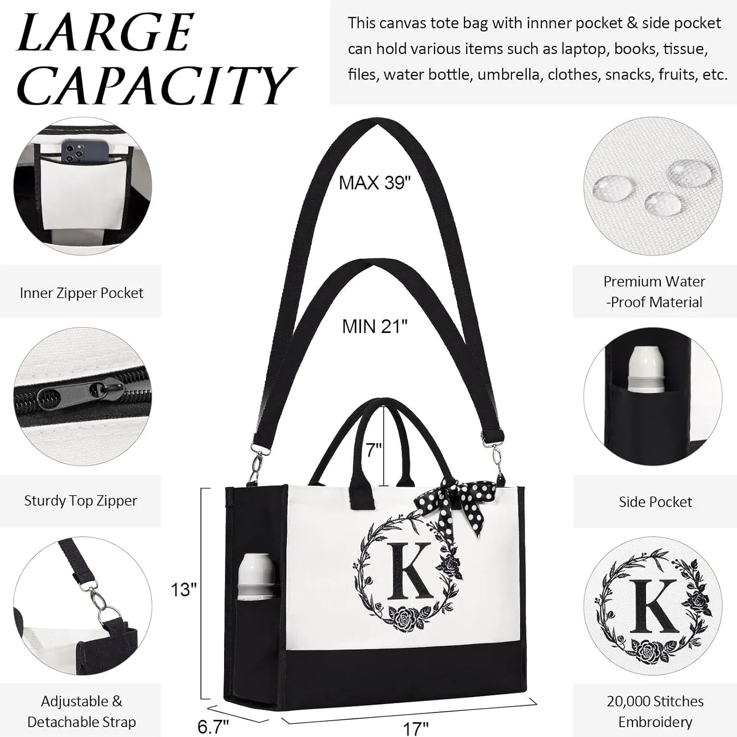 Personalized Mothers Day Gifts for Women, Initial Canvas Tote Bag & Makeup Bag Monogrammed Beach Tote Bag for Women w/Zipper, Birthday Gifts for Mom Mother Her Girlfriend Wife Sister Friend Daughter