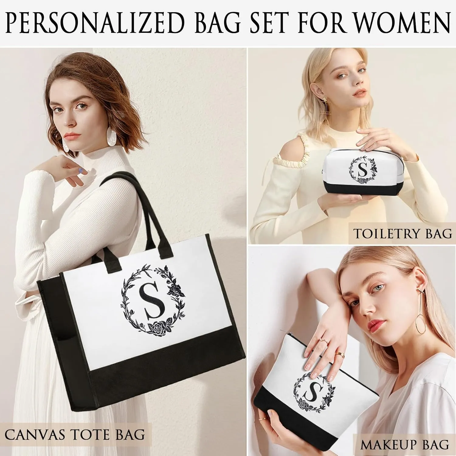 Personalized Mothers Day Gifts for Women, Initial Canvas Tote Bag & Makeup Bag Monogrammed Beach Tote Bag for Women w/Zipper, Birthday Gifts for Mom Mother Her Girlfriend Wife Sister Friend Daughter