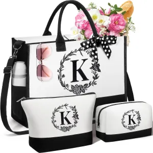 Personalized Mothers Day Gifts for Women, Initial Canvas Tote Bag & Makeup Bag Monogrammed Beach Tote Bag for Women w/Zipper, Birthday Gifts for Mom Mother Her Girlfriend Wife Sister Friend Daughter