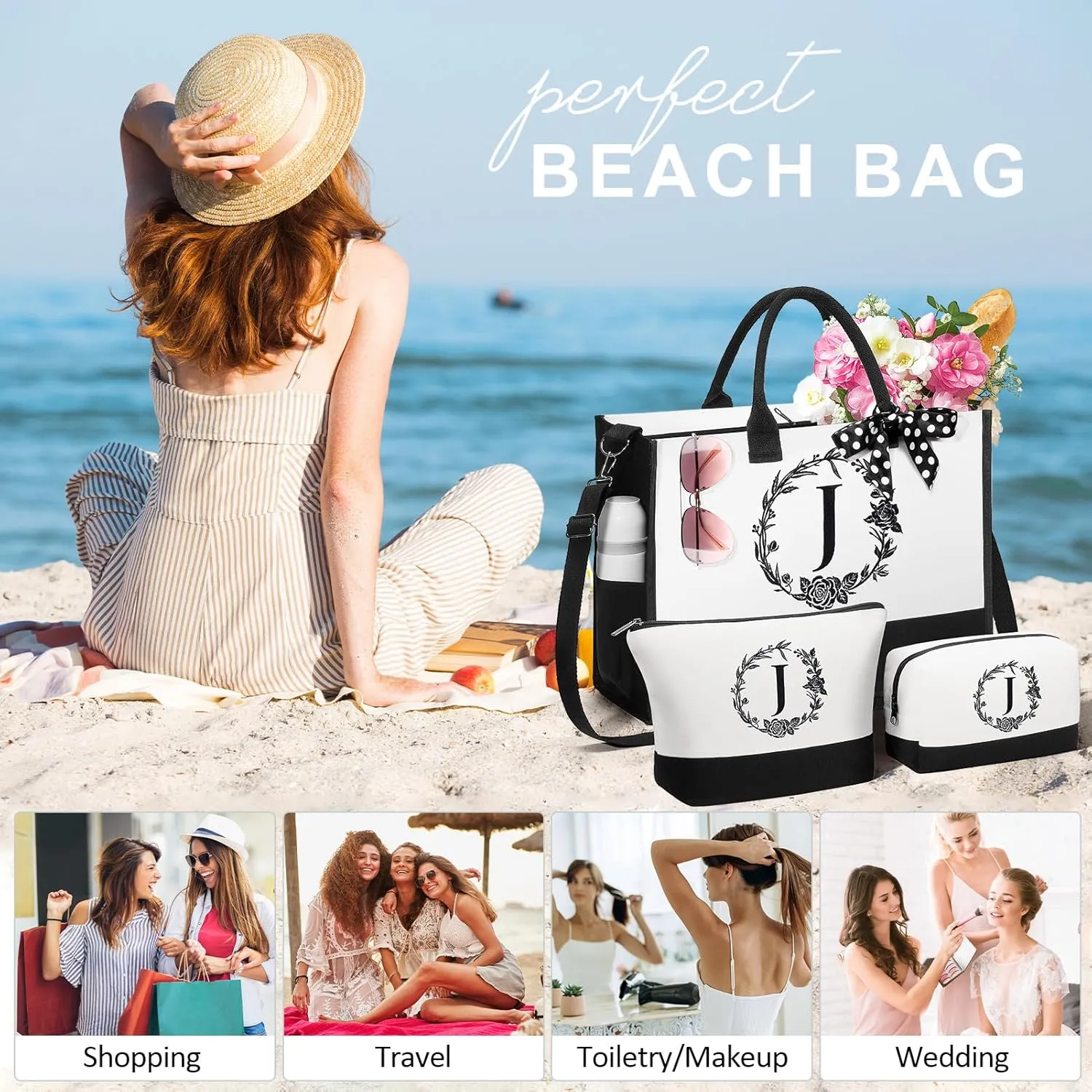 Personalized Mothers Day Gifts for Women, Initial Canvas Tote Bag & Makeup Bag Monogrammed Beach Tote Bag for Women w/Zipper, Birthday Gifts for Mom Mother Her Girlfriend Wife Sister Friend Daughter