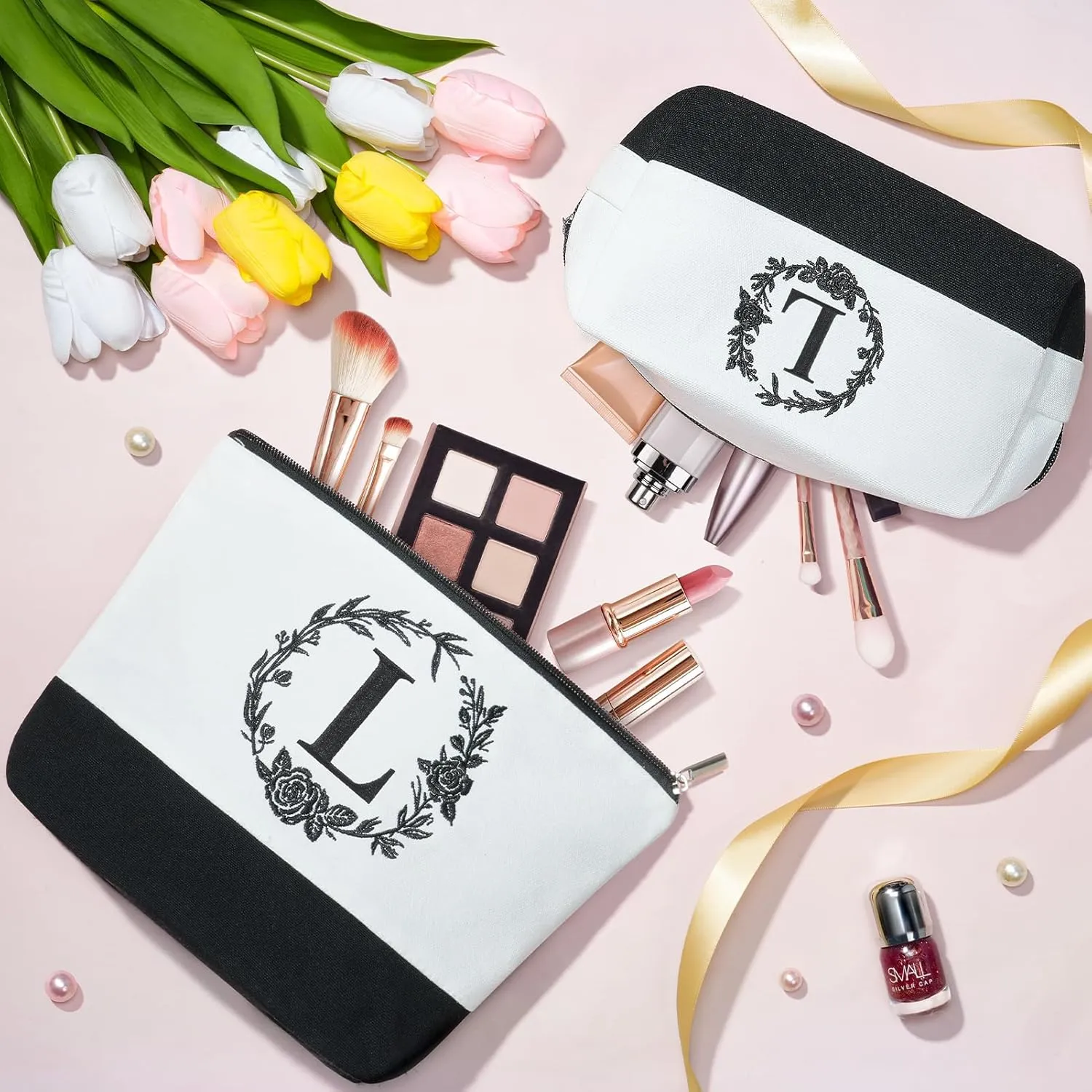 Personalized Mothers Day Gifts for Women, Initial Canvas Tote Bag & Makeup Bag Monogrammed Beach Tote Bag for Women w/Zipper, Birthday Gifts for Women Mom Her Girlfriend Wife Sister Friend Daughter