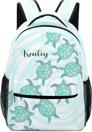 Personalized Name Watercolor Teal Sea Turtles Backpack Unisex Bookbag for Boy Girl Travel Daypack Bag Purse 17.7 IN