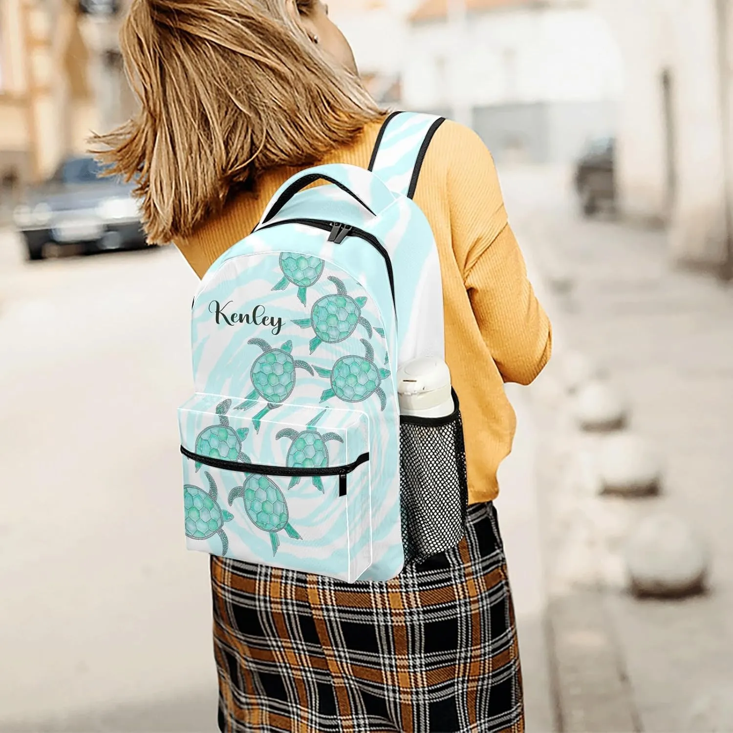 Personalized Name Watercolor Teal Sea Turtles Backpack Unisex Bookbag for Boy Girl Travel Daypack Bag Purse 17.7 IN