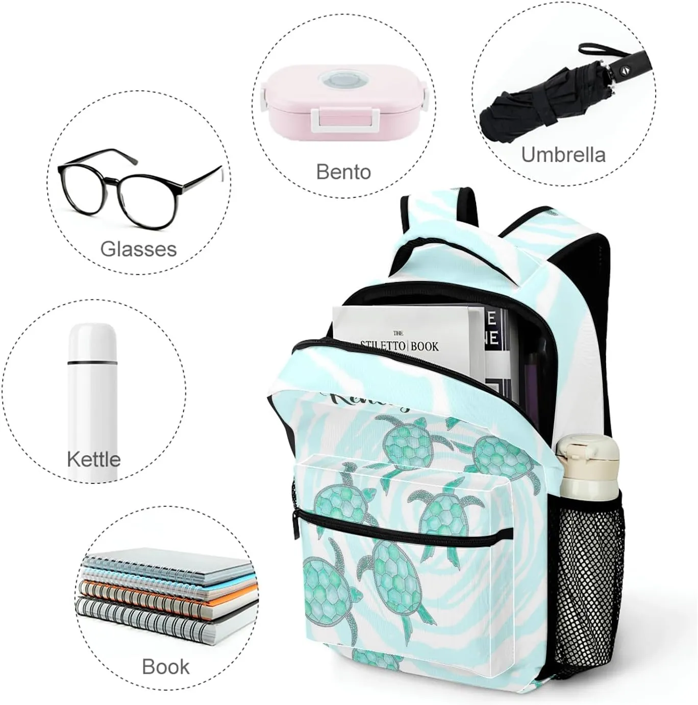 Personalized Name Watercolor Teal Sea Turtles Backpack Unisex Bookbag for Boy Girl Travel Daypack Bag Purse 17.7 IN