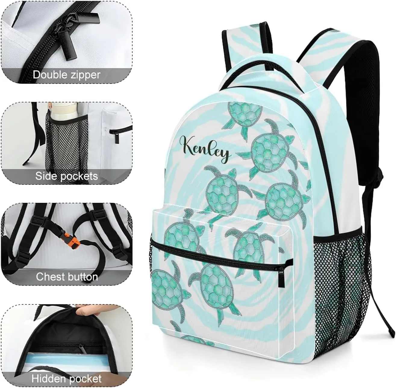 Personalized Name Watercolor Teal Sea Turtles Backpack Unisex Bookbag for Boy Girl Travel Daypack Bag Purse 17.7 IN