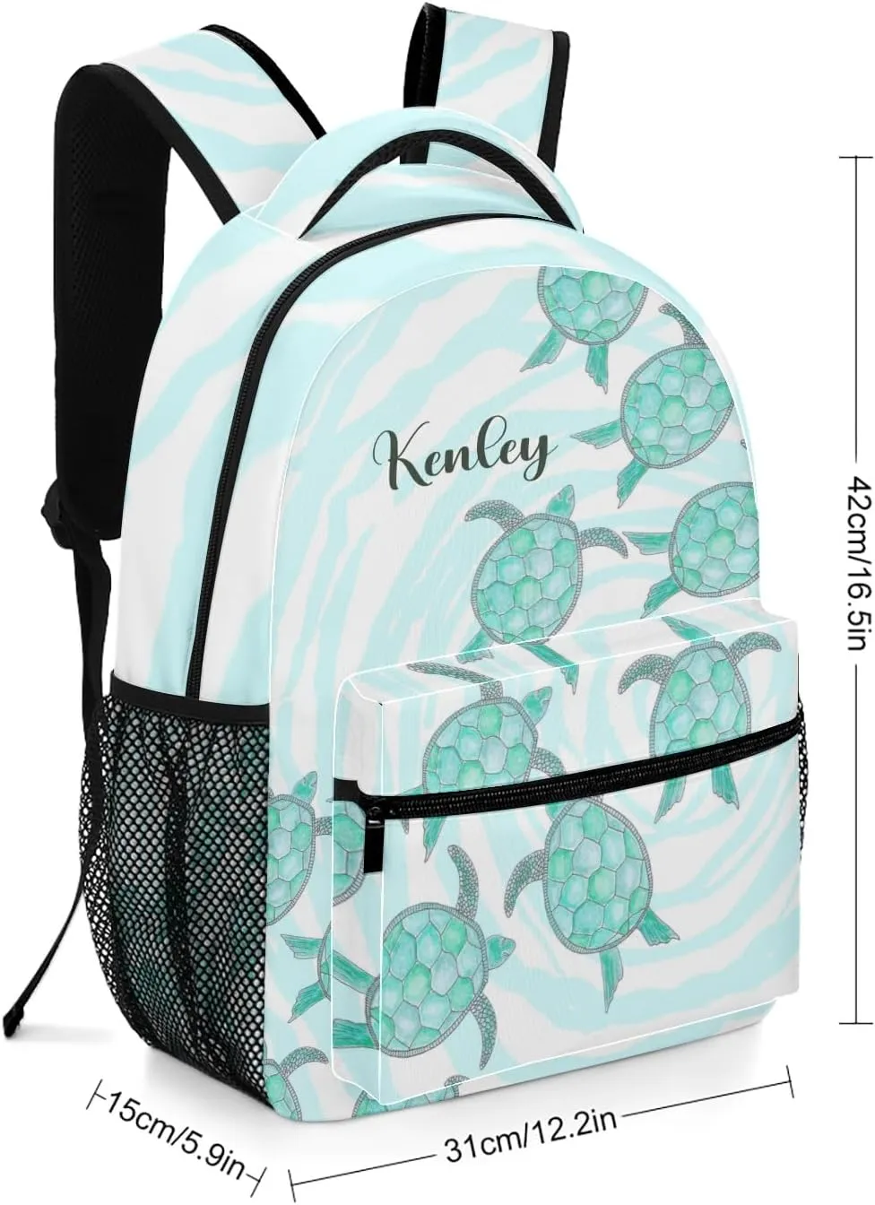 Personalized Name Watercolor Teal Sea Turtles Backpack Unisex Bookbag for Boy Girl Travel Daypack Bag Purse 17.7 IN