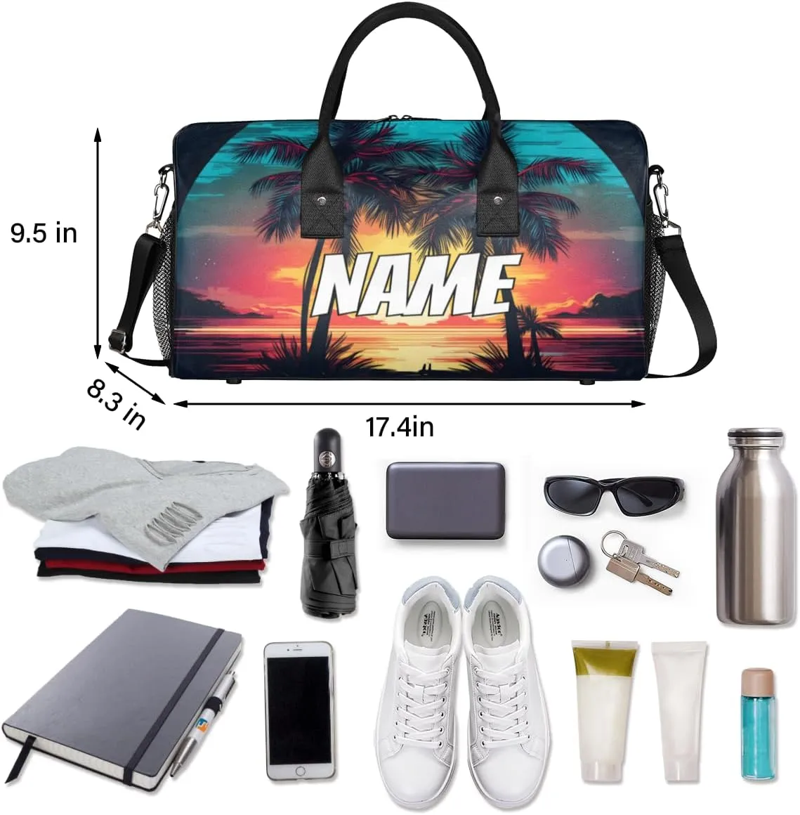 Personalized Palm Tree Travel Duffel Bag with Name, Custom Gym Sport Bag Hawaiian Sunset Carry On Weekend Overnight Duffel Bag for Men Women