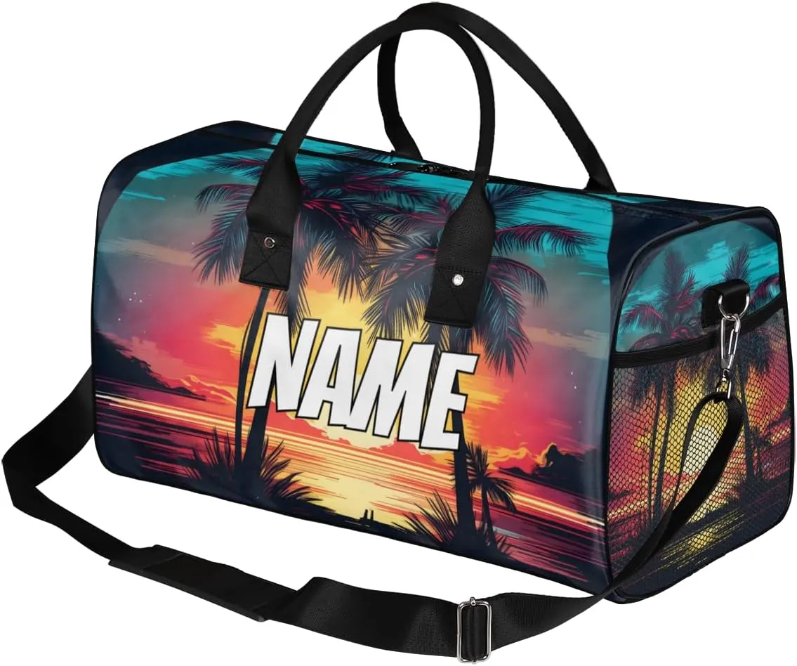 Personalized Palm Tree Travel Duffel Bag with Name, Custom Gym Sport Bag Hawaiian Sunset Carry On Weekend Overnight Duffel Bag for Men Women