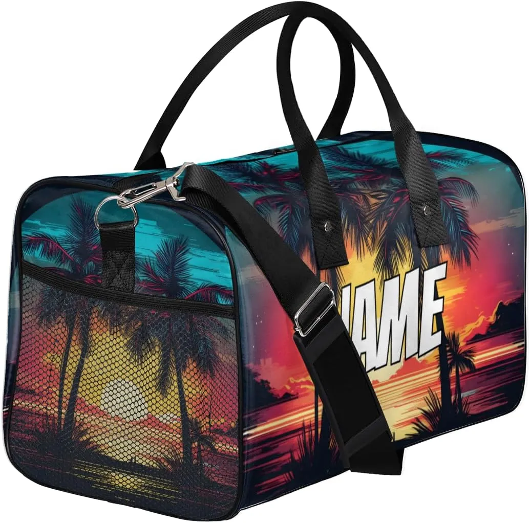 Personalized Palm Tree Travel Duffel Bag with Name, Custom Gym Sport Bag Hawaiian Sunset Carry On Weekend Overnight Duffel Bag for Men Women