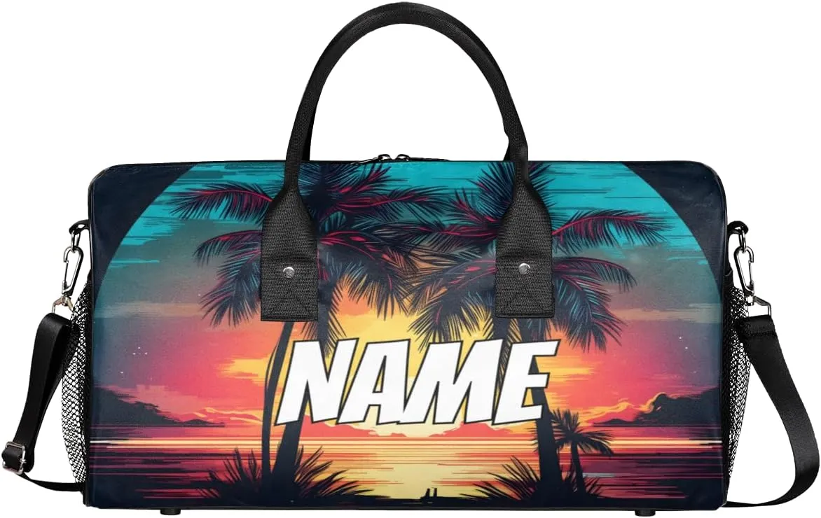 Personalized Palm Tree Travel Duffel Bag with Name, Custom Gym Sport Bag Hawaiian Sunset Carry On Weekend Overnight Duffel Bag for Men Women
