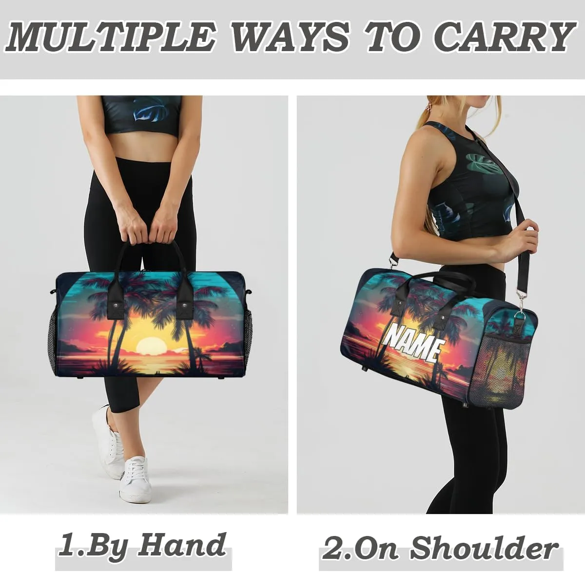Personalized Palm Tree Travel Duffel Bag with Name, Custom Gym Sport Bag Hawaiian Sunset Carry On Weekend Overnight Duffel Bag for Men Women