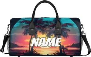 Personalized Palm Tree Travel Duffel Bag with Name, Custom Gym Sport Bag Hawaiian Sunset Carry On Weekend Overnight Duffel Bag for Men Women