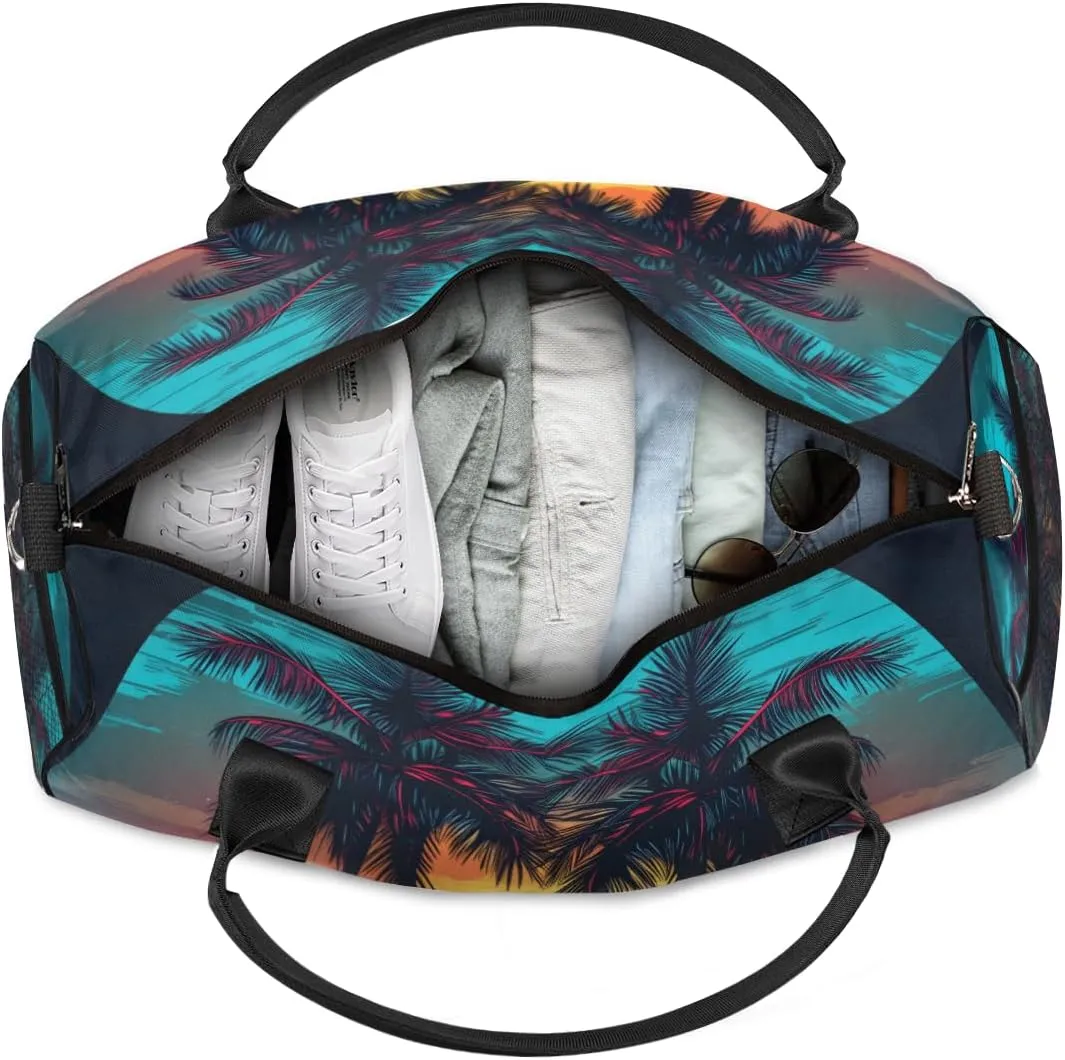 Personalized Palm Tree Travel Duffel Bag with Name, Custom Gym Sport Bag Hawaiian Sunset Carry On Weekend Overnight Duffel Bag for Men Women