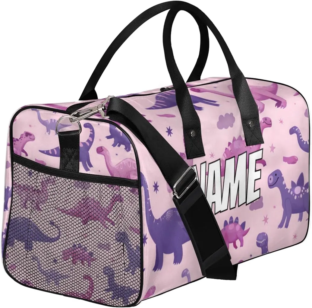Personalized Purple Pink Dinosaur Travel Duffel Bag with Name, Custom Gym Sport Bag Cartoon Dino Carry On Weekend Overnight Duffel Bag for Men Women
