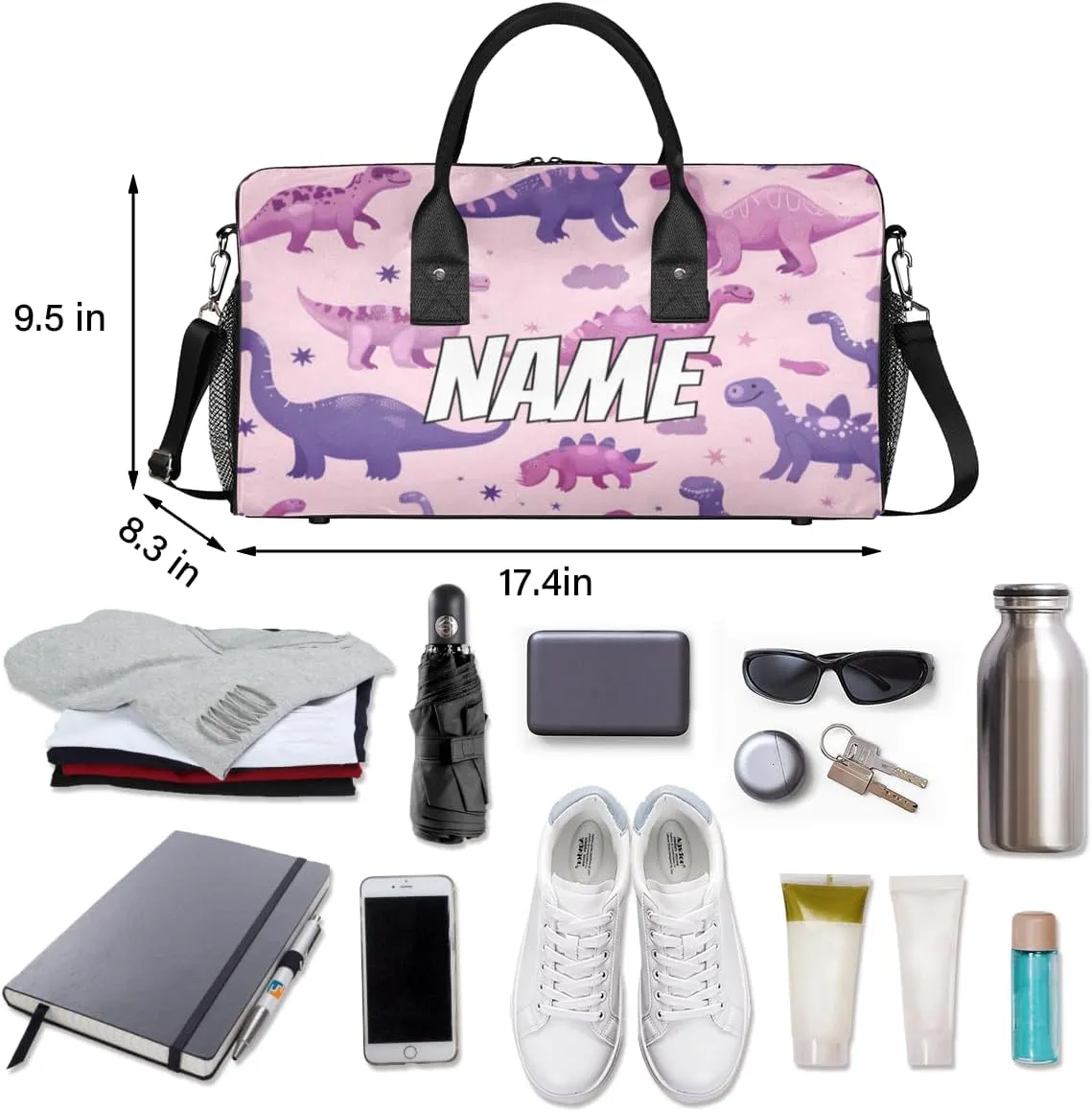 Personalized Purple Pink Dinosaur Travel Duffel Bag with Name, Custom Gym Sport Bag Cartoon Dino Carry On Weekend Overnight Duffel Bag for Men Women