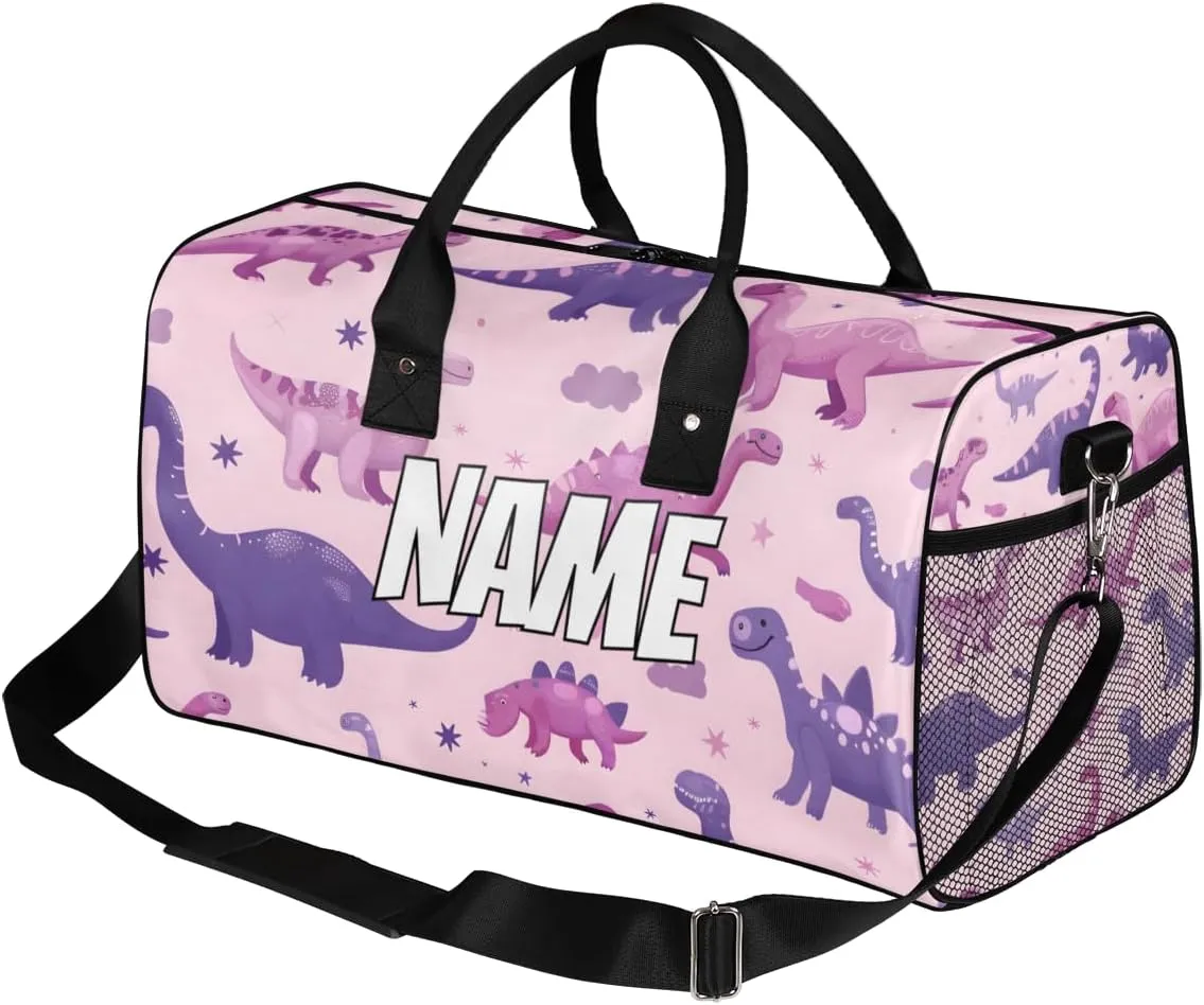 Personalized Purple Pink Dinosaur Travel Duffel Bag with Name, Custom Gym Sport Bag Cartoon Dino Carry On Weekend Overnight Duffel Bag for Men Women