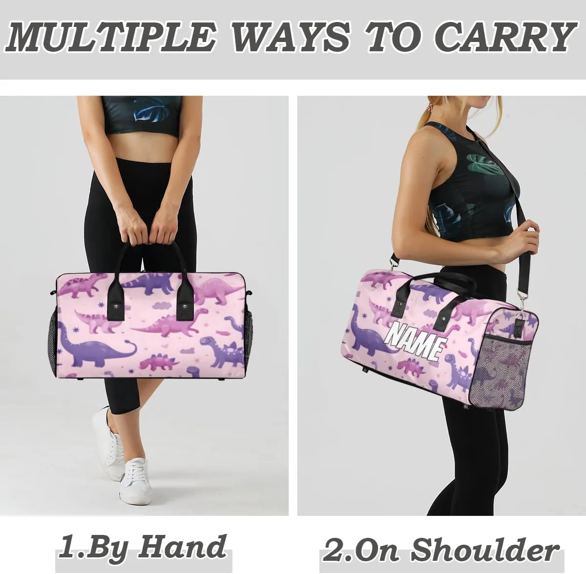 Personalized Purple Pink Dinosaur Travel Duffel Bag with Name, Custom Gym Sport Bag Cartoon Dino Carry On Weekend Overnight Duffel Bag for Men Women