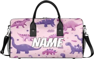 Personalized Purple Pink Dinosaur Travel Duffel Bag with Name, Custom Gym Sport Bag Cartoon Dino Carry On Weekend Overnight Duffel Bag for Men Women