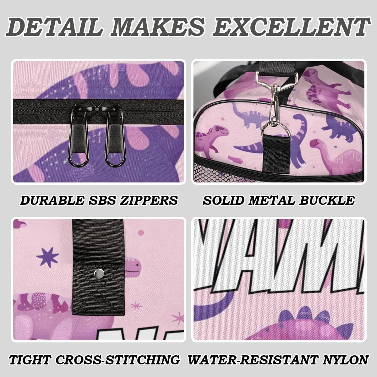 Personalized Purple Pink Dinosaur Travel Duffel Bag with Name, Custom Gym Sport Bag Cartoon Dino Carry On Weekend Overnight Duffel Bag for Men Women