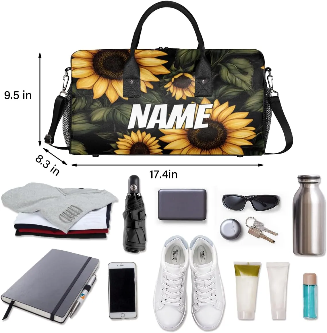 Personalized Rustic Sunflower Travel Duffel Bag with Name, Custom Gym Sport Bag Farmhouse Flower Carry On Weekend Overnight Duffel Bag for Men Women