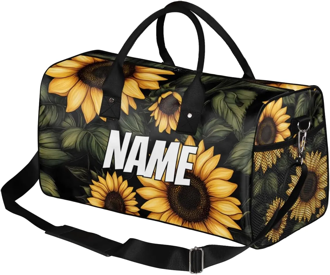 Personalized Rustic Sunflower Travel Duffel Bag with Name, Custom Gym Sport Bag Farmhouse Flower Carry On Weekend Overnight Duffel Bag for Men Women