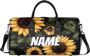 Personalized Rustic Sunflower Travel Duffel Bag with Name, Custom Gym Sport Bag Farmhouse Flower Carry On Weekend Overnight Duffel Bag for Men Women