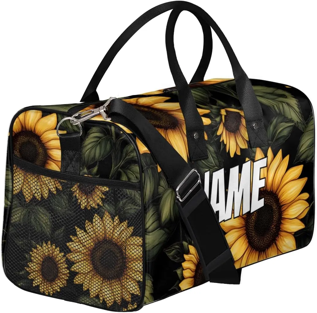 Personalized Rustic Sunflower Travel Duffel Bag with Name, Custom Gym Sport Bag Farmhouse Flower Carry On Weekend Overnight Duffel Bag for Men Women