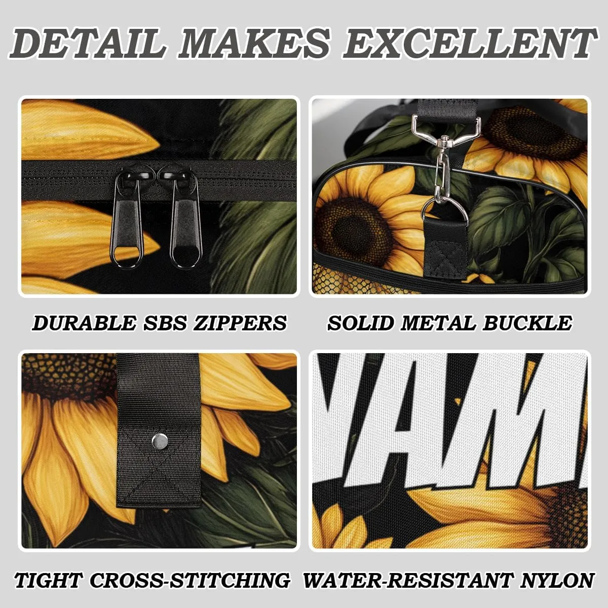 Personalized Rustic Sunflower Travel Duffel Bag with Name, Custom Gym Sport Bag Farmhouse Flower Carry On Weekend Overnight Duffel Bag for Men Women