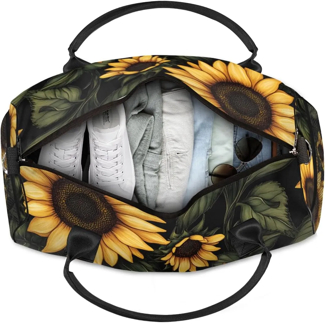 Personalized Rustic Sunflower Travel Duffel Bag with Name, Custom Gym Sport Bag Farmhouse Flower Carry On Weekend Overnight Duffel Bag for Men Women