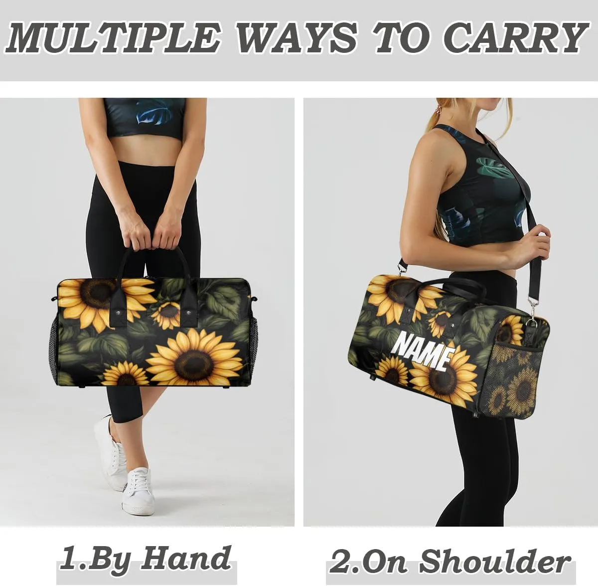 Personalized Rustic Sunflower Travel Duffel Bag with Name, Custom Gym Sport Bag Farmhouse Flower Carry On Weekend Overnight Duffel Bag for Men Women