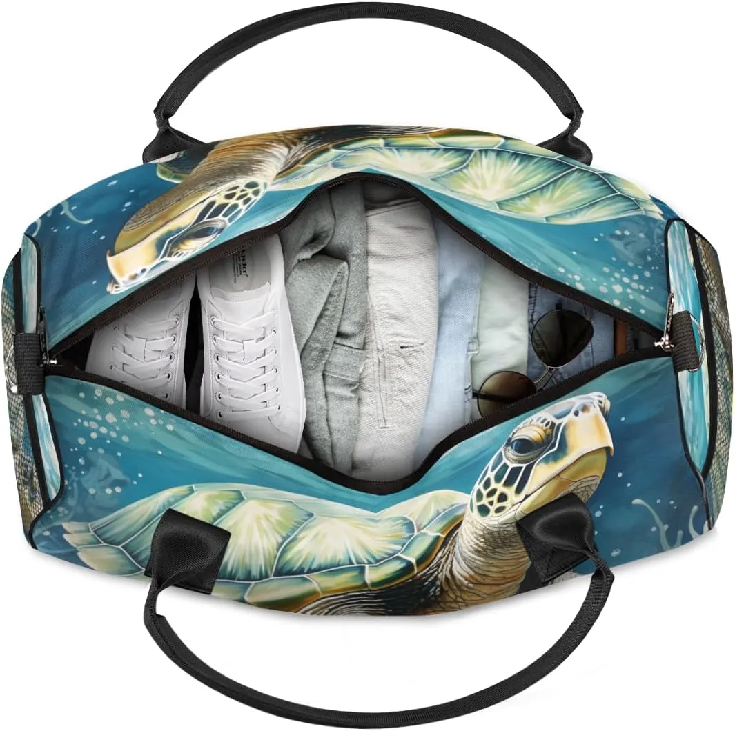 Personalized Sea Turtle Travel Duffel Bag with Name, Custom Gym Sport Bag Underwater World Carry On Weekend Overnight Duffel Bag for Men Women