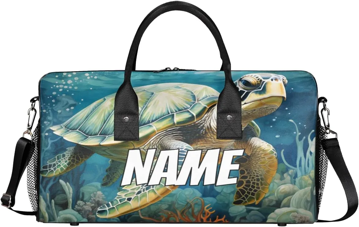 Personalized Sea Turtle Travel Duffel Bag with Name, Custom Gym Sport Bag Underwater World Carry On Weekend Overnight Duffel Bag for Men Women