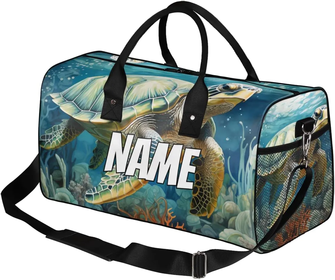 Personalized Sea Turtle Travel Duffel Bag with Name, Custom Gym Sport Bag Underwater World Carry On Weekend Overnight Duffel Bag for Men Women