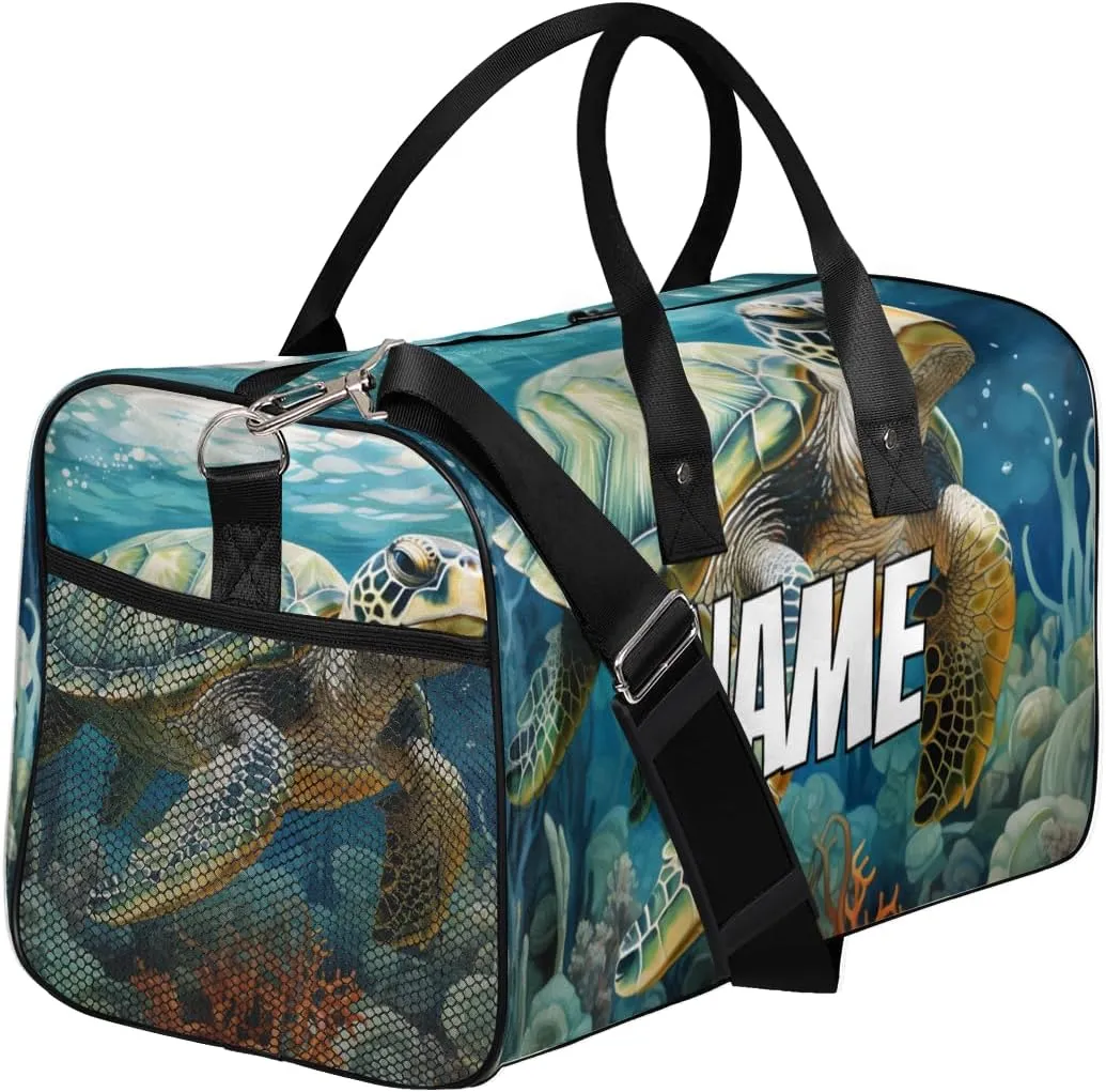 Personalized Sea Turtle Travel Duffel Bag with Name, Custom Gym Sport Bag Underwater World Carry On Weekend Overnight Duffel Bag for Men Women
